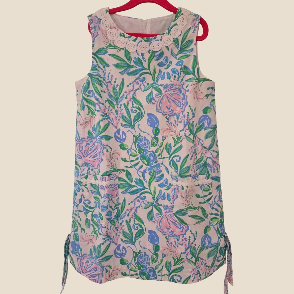 Lilly Pulitzer Girls Floral Lobster Print Shift Dress Rose Crochet Trim Size 8